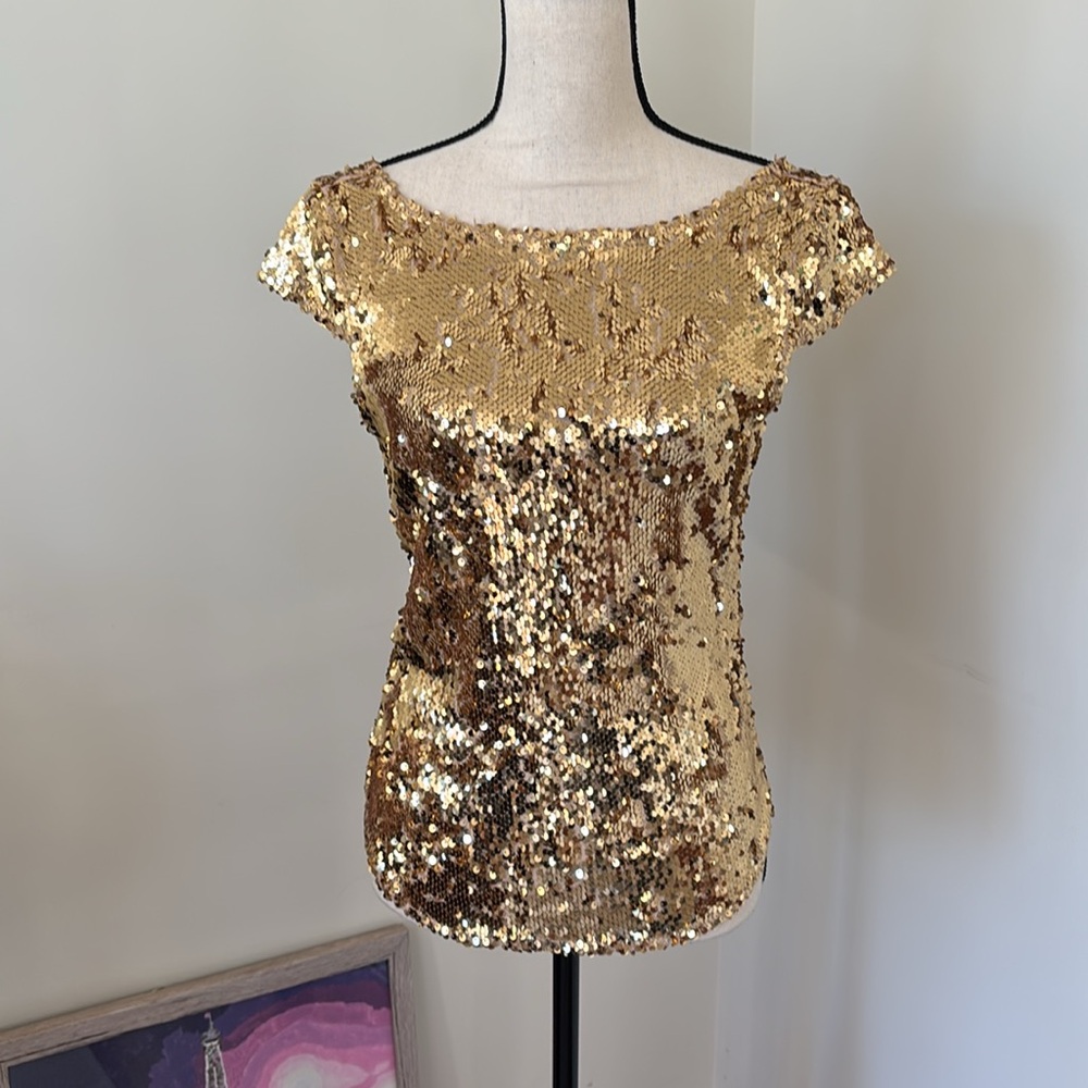 Free People Gold Sequin Cap Sleeve Top